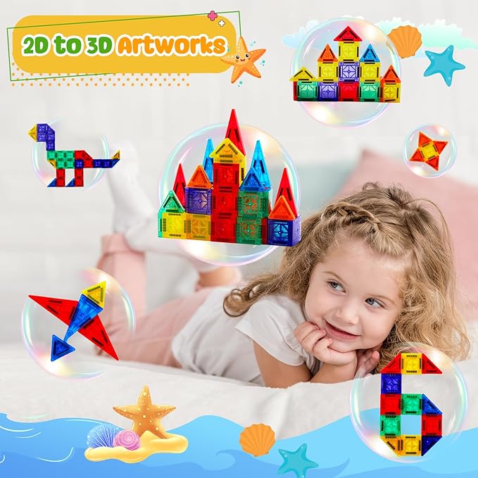 FNJO Mini Magnetic Tiles, Magnet Building Set,60 PCS Building Blocks Set STEM Preschool Montessori Toy for Kids Boys Girls