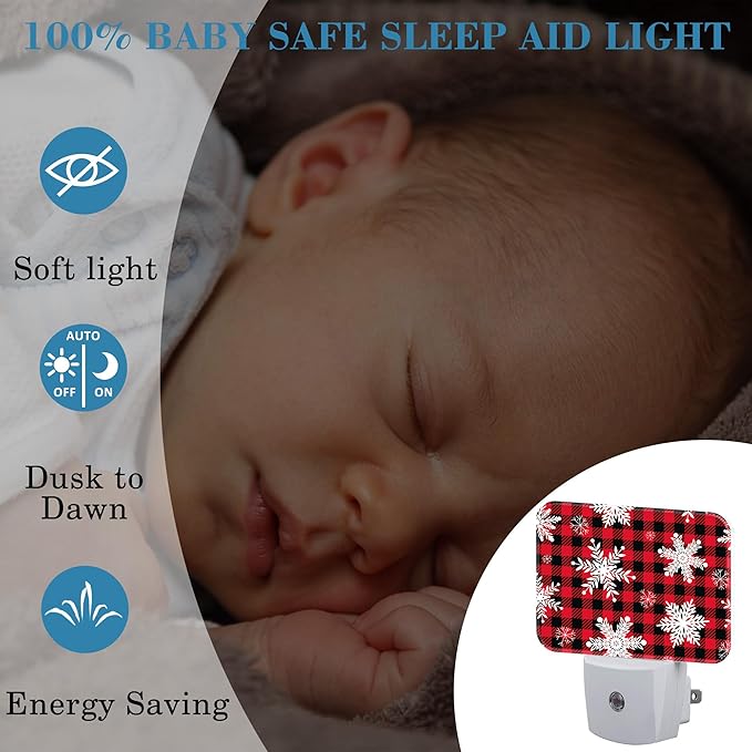 Christmas Snowflakes Night Light, Christmas Red Plaid Nightlight Plug into Wall with Dusk to Dawn Sensor for Kid Girls Boys Women Men Bedroom, Hallway, Kitchen, Bathroom, Stairs Decor
