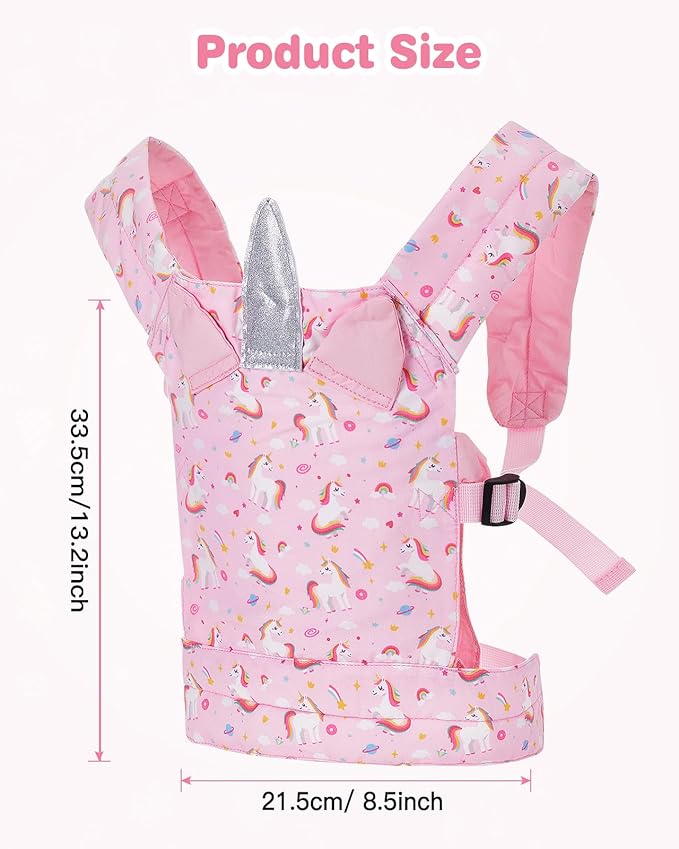 Lictin Baby Doll Carrier, Front and Back Doll Accessories Carrier for Little Girls, with Adjustable Straps for Stuffed Animal Reborn Baby Doll, Pink Unicorn