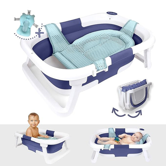 BEBELEH™ Collapsible Baby Bathtub – Bathtub + Baby tub Sling + Newborn Sling – Baby Bathtub Newborn to Toddler 0-24 Months – The Ultimate Travel Baby Bath Tub and Everyday Use! (Blue)