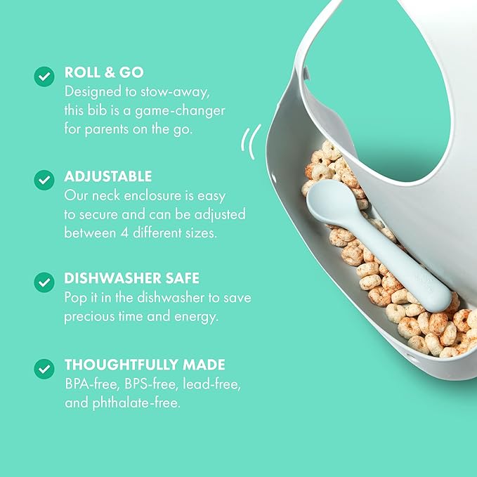 Avanchy Silicone Baby Bibs, Waterproof, Adjustable, BPA Free, Soft Unisex Set for Toddlers with Matching Spoon