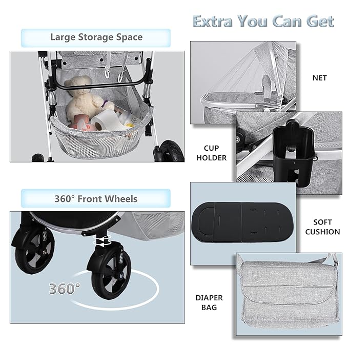 Kinder King 2 in 1 Convertible Baby Stroller, Folding High Landscape Infant Carriage, Newborn Reversible Pram, Adjustable Canopy, Diaper Bag, Anti-Shock Toddler Pushchair Stroller, Light Grey