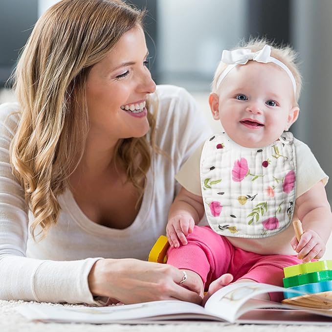 Zainpe 6Pcs Snap Muslin Cotton Bibs for Baby, Flamingo Star Flower Machine Washable Adjustable Burp Cloths with 6 Absorbent Soft Layers for Infant Newborn Toddler Drooling Feeding and Teething