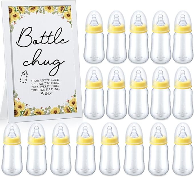 Roowest Bottle Chug Baby Shower Game Favors Including Sunflower Theme Wooden Sign and 18 Pcs Baby Bottles for Gender Reveal Party Supplies