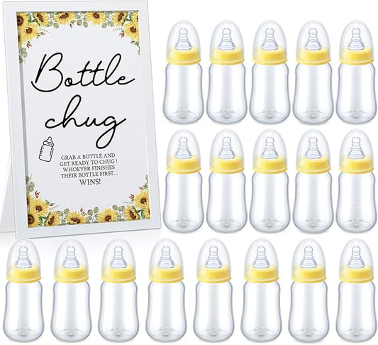 Roowest Bottle Chug Baby Shower Game Favors Including Sunflower Theme Wooden Sign and 18 Pcs Baby Bottles for Gender Reveal Party Supplies