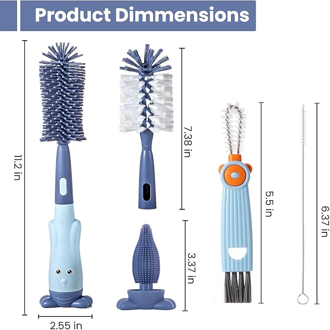 5-in-1 Baby Bottle Brush Set, Bottle Brush for Baby, Baby Bottle Scrubber, Including Silicone & Nylon Bottle Brush, Bottle Cap Brush, Straw Brush, Nipple Brush, BPA-Free (Blue)