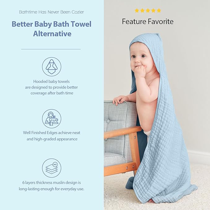 Hooded Baby Towels for Newborn - 2 Pack, 100% Muslin Cotton, Baby Bath Towels with Hood, Soft and Absorbent for Boys, Girls Infant, Toddler and Kids, Large 32x32 Inches, Newborn Essential