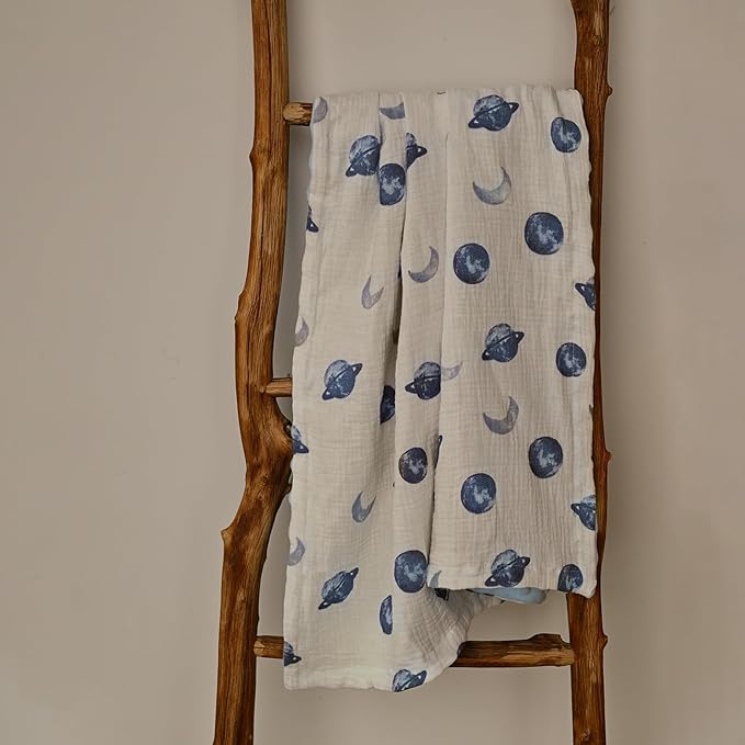 GLLQUEN BABY Blankets for Unisex Boys Girls, 2-Pack Muslin Cotton Front Soft and Breathable, and Dotted Fleece Backing, Printed Bed Nursery Minky Blankets for Toddler Newborn, Space, 30 x 40 inches