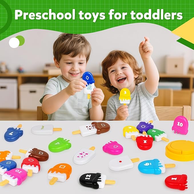 Ice Cream Toy Set - Number & Shape Sorting Stacking Bucket for Toddlers - Educational Counting Color Recognition - Montessori Math Learning Toys for Kids Ages 3+Year Old