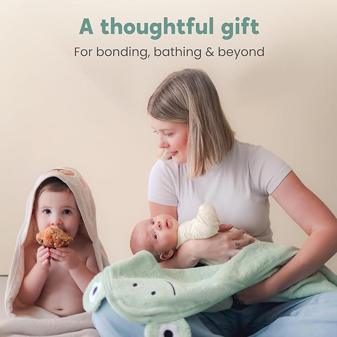 CuddleBug Hooded Baby Bath Towel & Washcloth Set (Bear) - 100% Cotton Terrycloth Hooded Baby Towels for Newborn & Toddler, Super-Soft & Ultra-Absorbent, Newborn Essentials (30" x 30") - Honey Beige