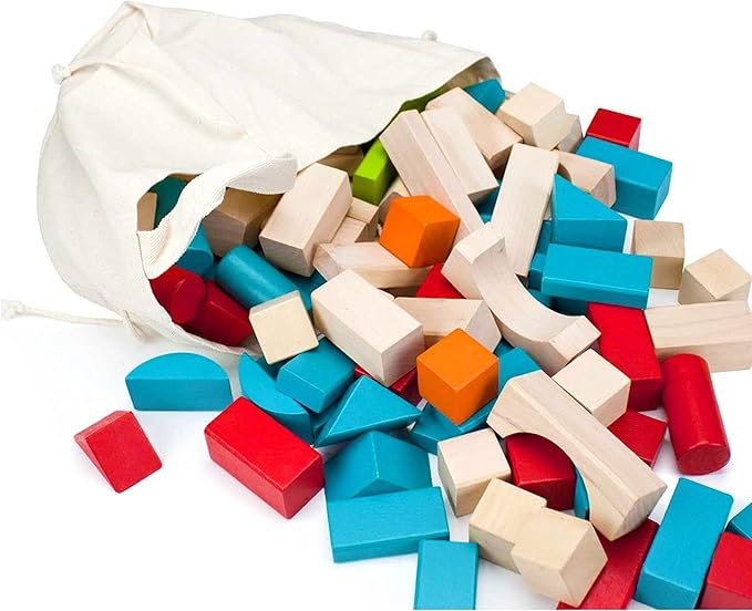 Imagination Generation 100 Piece Natural Wooden Building Block Set with Carrying Bag – Children's Deluxe Stacking Toy Set