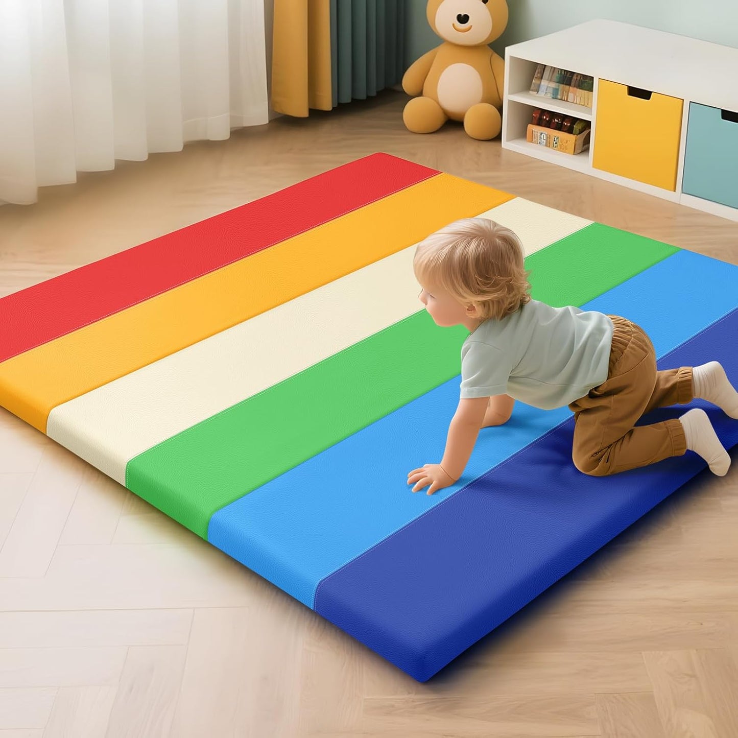 Foam Baby Play Mat: PU Leather Waterproof Kids Playmat - Trifold Floor Mat - Large Play Mat for Playpen Thick Pad Fodable Mattress Soft Toddler Mattress Infant Cushion for Preschool (Rainbow)