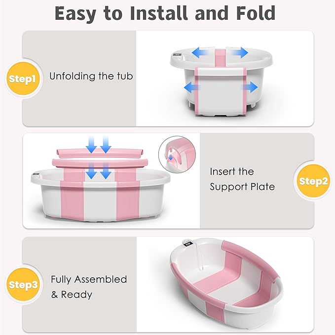 Collapsible Baby Bathtub for Newborn to Toddler 0-36 Months,Spacious Foldable Infant Bath Tub with Thermometer,Cushion & Drain Hole,Portable Travel Tub, Baby Shower Gift Pink