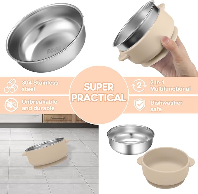 4 Pack Stainless Steel Baby Bowls with Removable Non-Slip Silicone Suction Shell, Anti Scald Food Container for Baby Food Feeding-Skyblue/Gray/Red/Cream