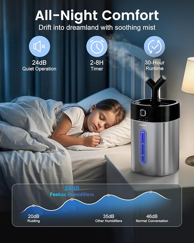 Feekaa Stainless Steel Humidifier Dishwasher Safe, 4L/1Gal Cool Mist Humidifiers for Bedroom, Easy Clean Humidifier Large Room, Humidifiers for Baby Nursery Living Room Office Plant, Black