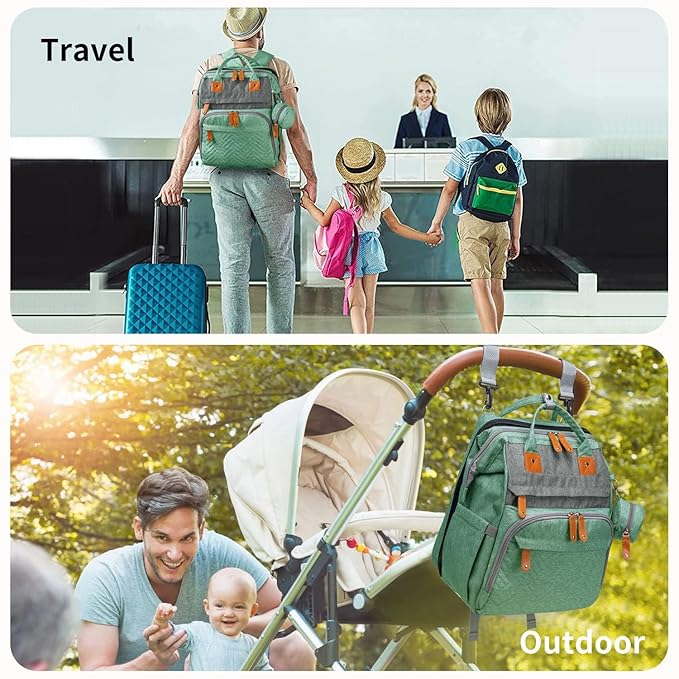 KABAQOO Diaper Bag Backpack with Detachable Changing Station, Large Capacity Baby Diaper Bags for Boys & Girls, Baby Registry Search Stuff & Shower Gifts, Newborn Essentials Must Haves, Green Grey