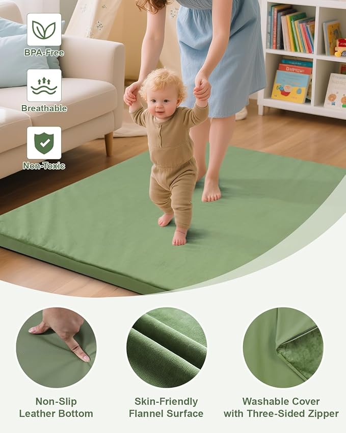Baby Play Mat for Floor,1.2" Thick Padded Foam 50x50 playpen mat,Soft Velvet&Non-Slip Leather,Removable Cover,Washable,Nursery Rug for Baby Crawling,Toddlers,Infants,Kids,Yoga,Tatami,Sage Green