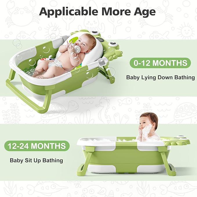 Collapsible Baby Bathtub for Newborns with Thermometer and Soft Floating Cushion Portable and Foldable Travel Baby Boy Bath Tub for Infants to Toddler 0-36 Month (Green)