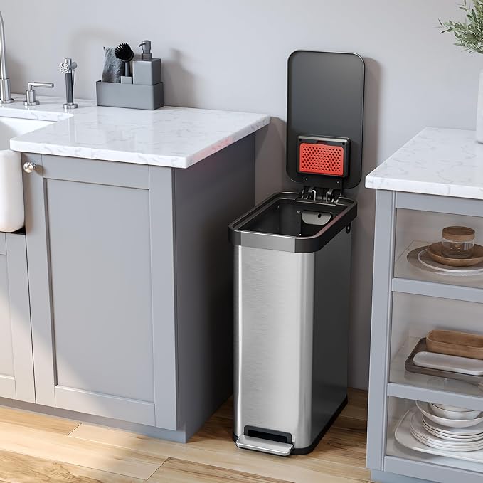 iTouchless SoftStep EXP 50 Liter / 13.2 Gallon Slim Step Pedal Kitchen Trash Can with Odor Filter, Soft Close Lid, Stainless Steel Recycling Bin, Dent-Proof Plastic Lid, for Home Office Work Business