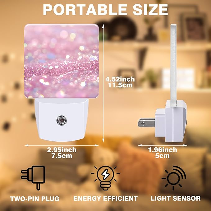 Pink Glitter Night Light, Plug-in Nightlight with Dusk to Dawn Auto Sensor for Home Bedroom Bathroom Hallway Stairway Kitchen 0.5W Sleep Friendly Led Lamp for Women Men
