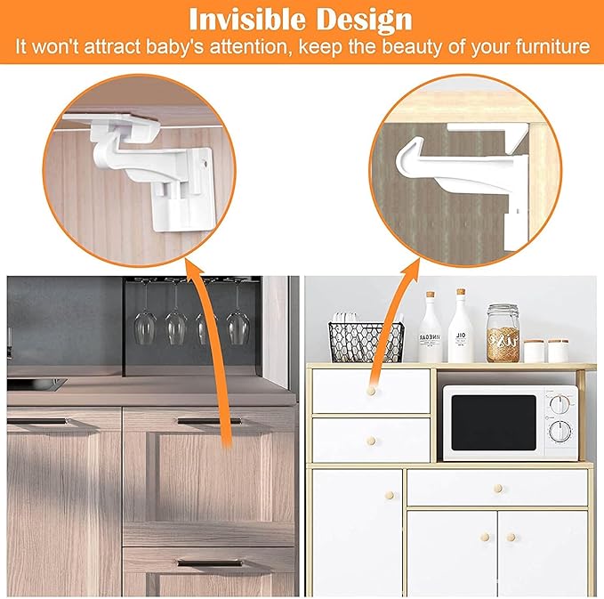 6 Pack Upgraded Invisible Baby Proofing Cabinet Latch Locks – No Drilling or Tools Needed, Fits Most Cabinets & Drawers, Works with Countertop Overhangs, Strong Adhesive for Easy & Secure Installation