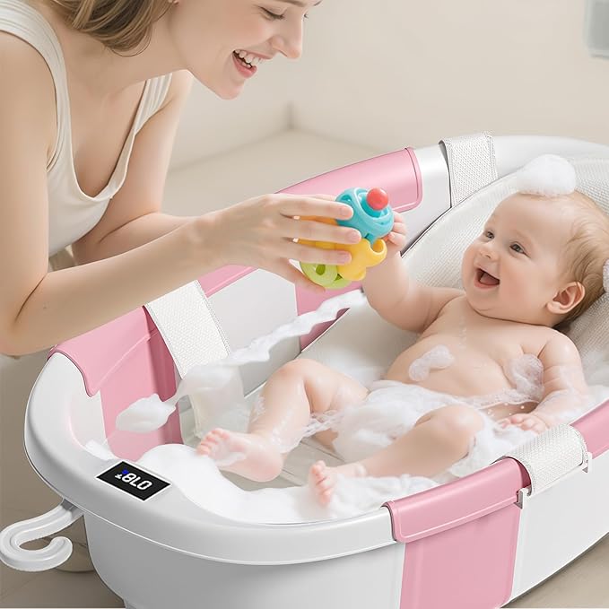 Collapsible Baby Bathtub, Baby Tubs for Newborns with Soft Cushion & Thermometer & Toy Organizer Mesh Bag, Infant Bathtub to Toddler 0-36 Months, Portable Travel Newborn Baby Bathtubs (Pink)