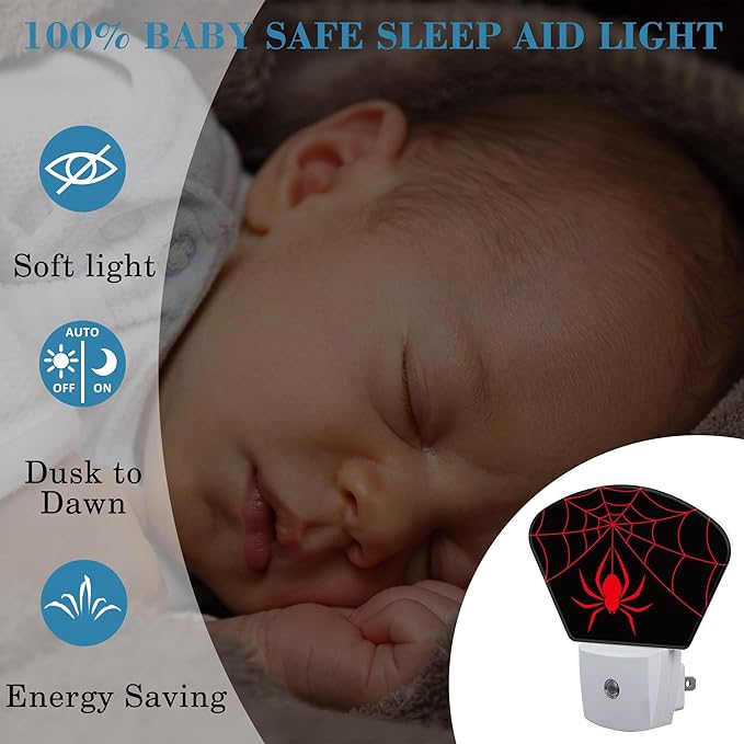 Red Spider Night Light for Kids, Spider Web LED Night Light Plug into Wall with Dusk to Dawn Sensor for Girls Boys Women Men Bedroom, Hallway, Kitchen, Bathroom, Stairs Decor