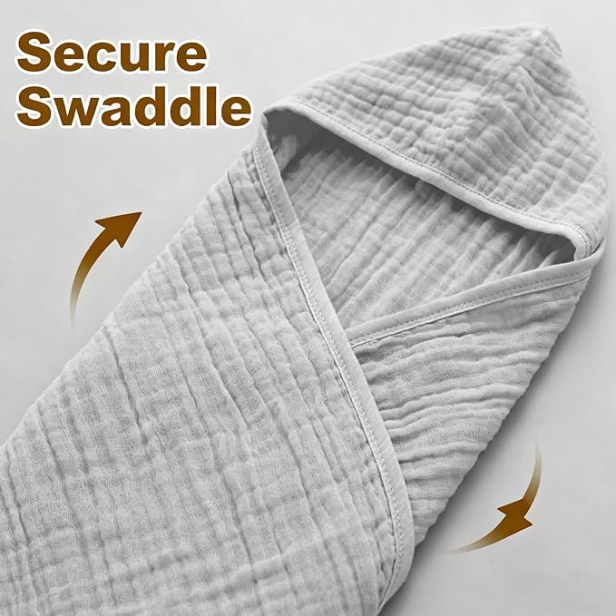 Organic Muslin Hooded Baby Bath Towels - 2 Pack 100% Organic Cotton Towel for Babies, Infants, Toddlers - 32x32Inch - Highly Absorbent and Newborn Essential(Brown Grey)