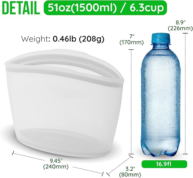 Premium Platinum Silicone Reusable Food Storage Bag 6.3 Cup (53 fl oz), Airtight Zip Lock Bags for Food, BPA-Free Silicone Freezer Bags, Microwave Safe Sous Vide Container, White