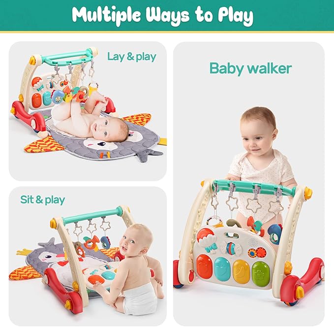 CUTE STONE Baby Gym Play Mat & Learning Walker, Activity Mat with Play Piano, Musical Activity Center with Lights, Baby Push Walkers & Tummy Time Mat for Infant Newborn Toddlers