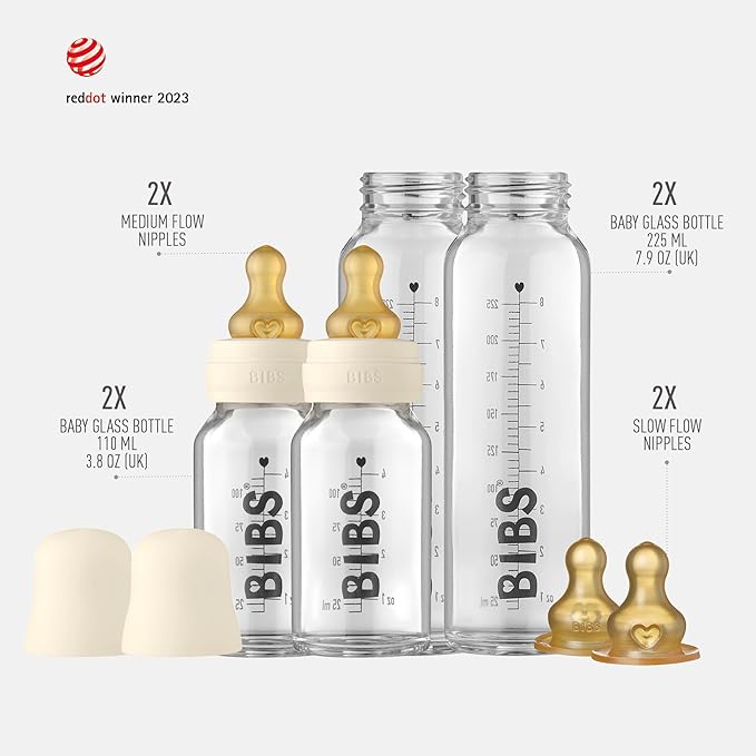 Bibs Baby Glass Bottle Starter Kit 4 Bottles, 3.7 oz & 7.6 oz | Anti-Colic Design, Vented Nipple, Breast-Like Transition | Lab-Grade Borosilicate Glass | Ivory