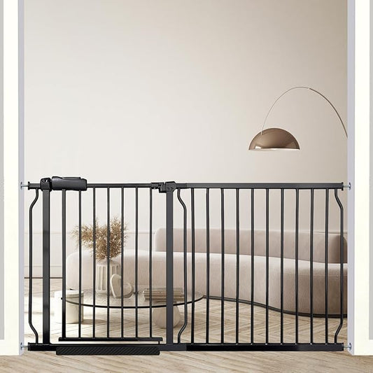 57.5-62 Inch Extra Wide Baby Gate, Auto Close Safety Gate for Kids & Pets, Pressure Mounted No Drill for Indoor Stairs, Black Metal with Extension Kit