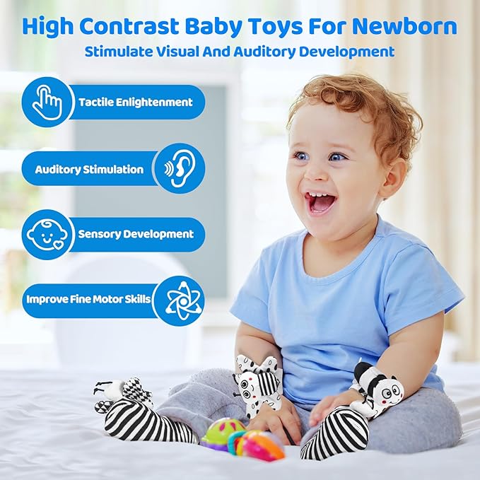 Baby Rattle Socks & Wrist Toys for Newborns, 0-12 Months, High Contrast Black & White Toys for Brain Development, Infant Gift Boy and Girl