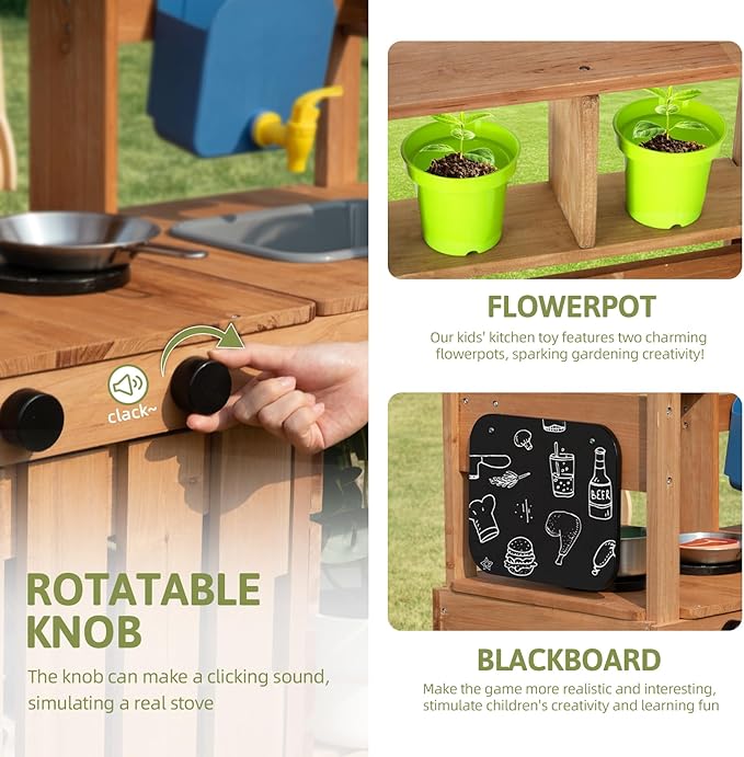 OOOK Mud Kitchen for Kids Outdoor, Kids Kitchen Playset with Canopy, Gardening Tools, Chalkboard, Flower Pot, Cookingware, Removable Water Tank, Ideal Gift for Boys and Girls 3+, Solid Fir Wood.