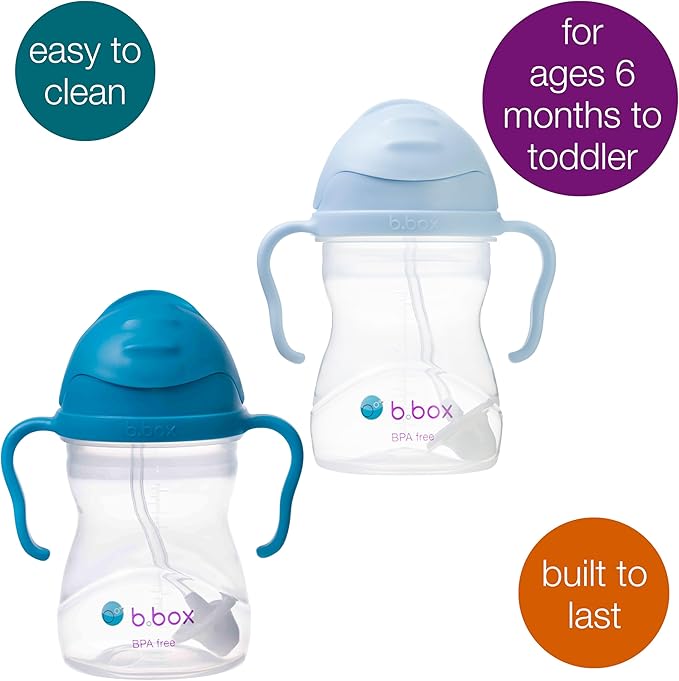 b.box Sippy Cup with Weighted Straw (2-Pack). Leak Proof, Easy Grip. BPA Free & Dishwasher Safe. Ideal for Babies 6m+ to Toddlers (cobalt + bubblegum, 8oz)