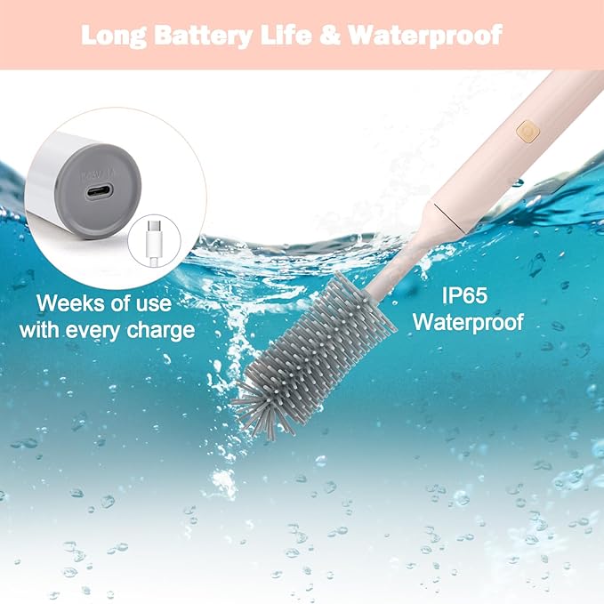 Electric Baby Bottle Brush Set with Rechargeable Electric Bottle Brush Cleaner and Replaceable Silicone Bottle Brushes and Straw Brush Cleaner, Waterproof Multi-Purpose Cleaning Brush(Pink)