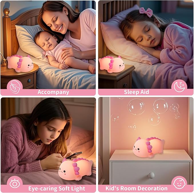 Axolotl Silicone Nursery Night Light, Dimmable LED Animal Lamp with Timer,Cute Gifts Rechargeable Bedroom Bedside Lamp with Touch Sensor Toy for Kids (Axolotl B)
