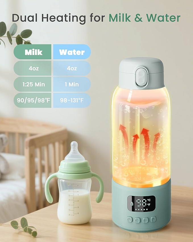 Portable Bottle Warmer Extended Battery Life - Dual Heating Modes for Breast Milk & Water, 17 Ounces, Fast Heating, Ideal for Travel, Outdoor, Baby Shower, Green