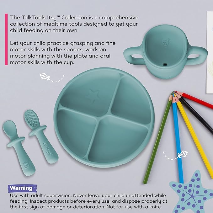 TalkTools ITSY Silicone Baby Plates Set with Suction – Feeding Essentials for Toddlers 6–12 Months+ | BLW Mealtime Set with Twin Spoon, Spill-Proof Sippy Cup | Self-Feeding Utensils (Sage)
