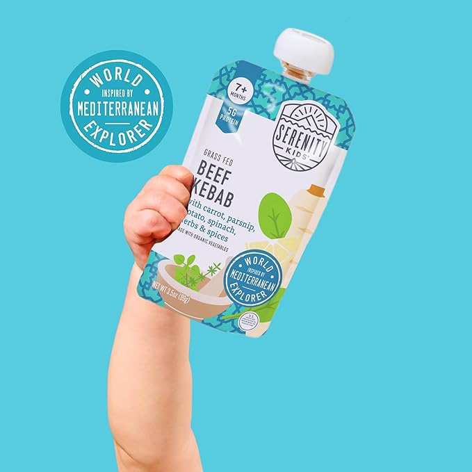 Serenity Kids 7+ Months World Explorers Beef Kebab Baby Food Pouches - 3.5 oz, Pack of 6-5g Protein Baby Food with Meat - Snack with Grass-Fed Beef & Veggies - Convenient On-The-Go Toddler Snacks