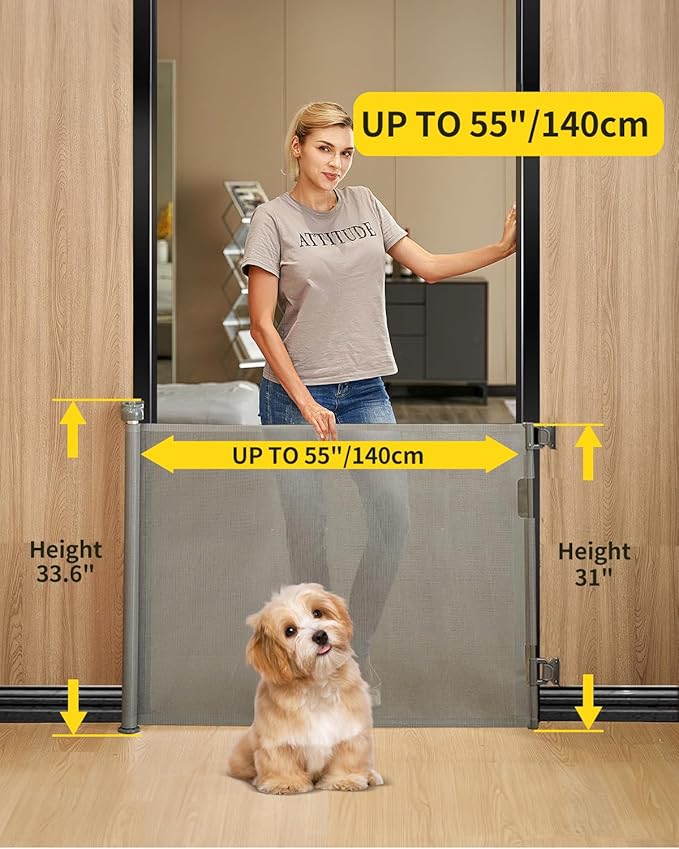 2-Pack Retractable Baby Gate for Stairs-33”Height, Expands up to 55”Width-Safety Gate for Infants, Toddlers, Dogs & Pets-Easy Install, Secure Closure, Gray Mesh Design for Indoor & Outdoor Use