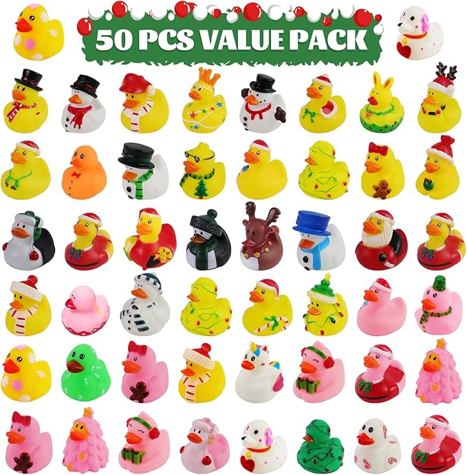 50Pcs Christmas Rubber Ducks for Boys, Girls, Kids and Toddlers,Christmas Ducks for Jeeps Ducking, Xmas Themed Duck Bathtub Pool Toys Christmas Party Favor Stocking Stuffers Gifts