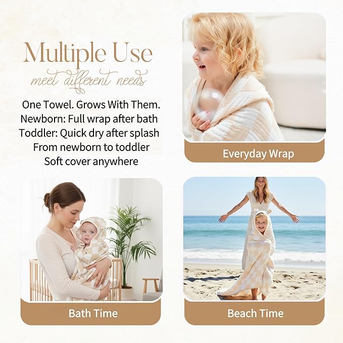 Ultra-Soft Muslin Toddler Hooded Towel - 55x 28 Inches, Ideal for Bath & Beach, Suitable for Both Boys & Girls from Newborns to Toddlers