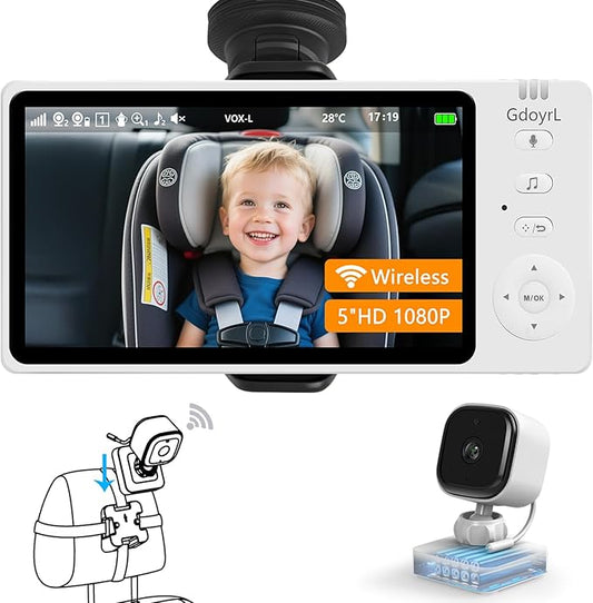 Wireless Baby Car Camera 5”HD 1080P IPS Anti-Glare Screen USB Powered,Temperature Alert, Clear Night Vision & VOX Mode,360° Rotatable Rear Facing Monitor Baby Essentials Shower Gifts for Home Pets