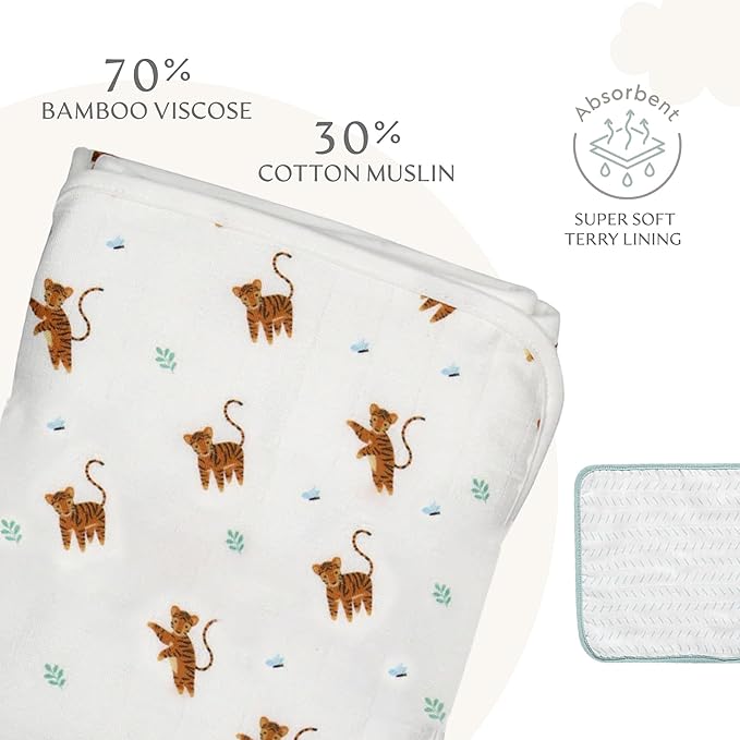 Bamboo Viscose Baby Hooded Towel & Washcloth Set for Babies and Toddlers, Tiger, Soft & Absorbent, 70% Viscose from Bamboo, 30% Cotton Muslin - Imported (Tiger)