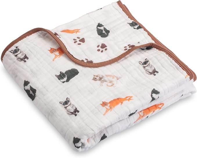 LollyBanks Muslin Baby Blanket 100% Organic Cotton, Muslin Quilt Lightweight, 6 Layers Baby Blankets 47"x 47", Toddler Blanket for Boy and Girl, Nursery Receiving Blankets (Cats Print)