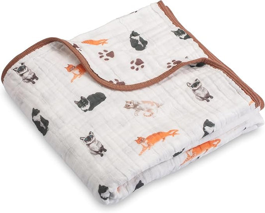 LollyBanks Muslin Baby Blanket 100% Organic Cotton, Muslin Quilt Lightweight, 6 Layers Baby Blankets 47"x 47", Toddler Blanket for Boy and Girl, Nursery Receiving Blankets (Cats Print)