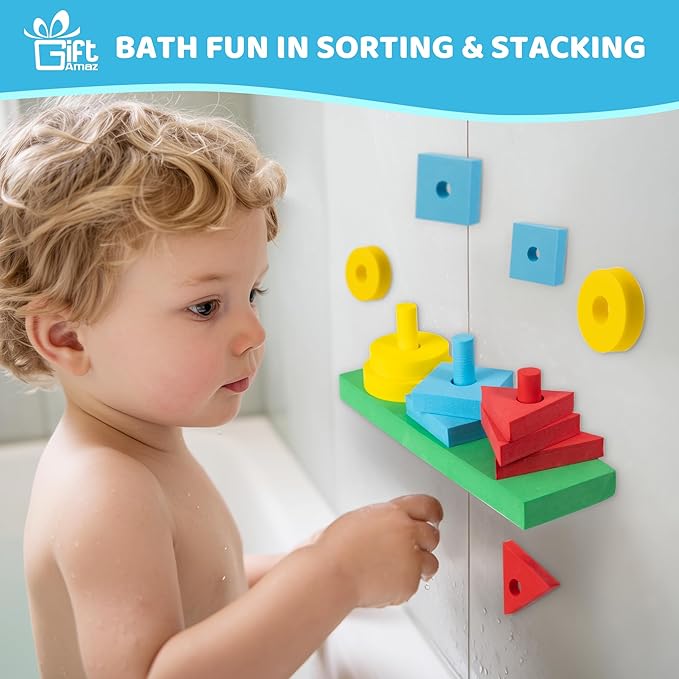 3-in-1 Bath Toys for Toddlers 1-3, Mold Free Foam Sorting & Stacking Sensory Toys - Suction Cup, Shape Color Size Learning Water Toy, Montessori Baby Bathtub Wall Toy for Kids Ages 1-3 2-4