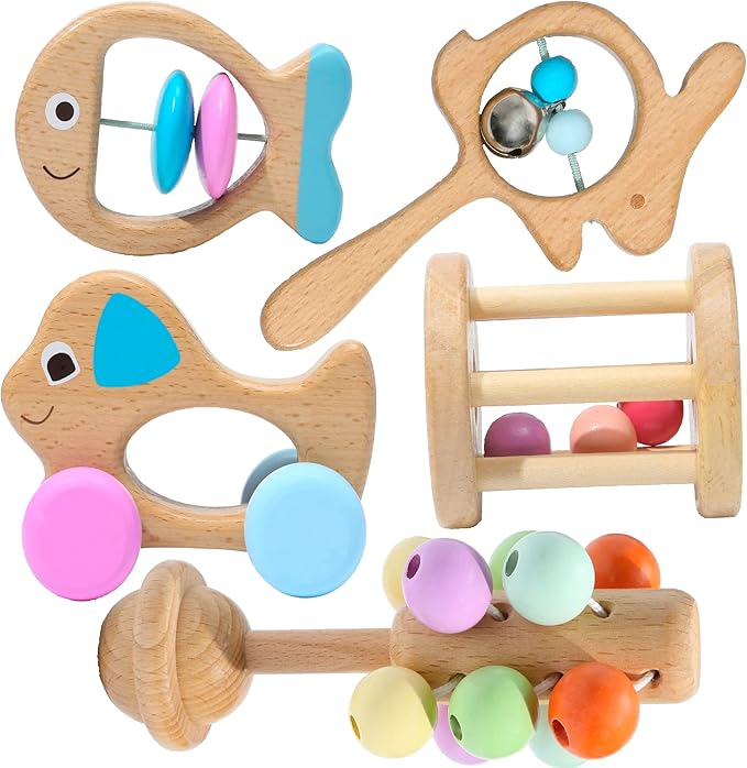 Montessori Mama Wooden Toys for Babies 5-Piece Collection - Multi-Sensory Learning Rattle for Babies - Infant Wooden Toy Set Baby Weights Toys - Teether
