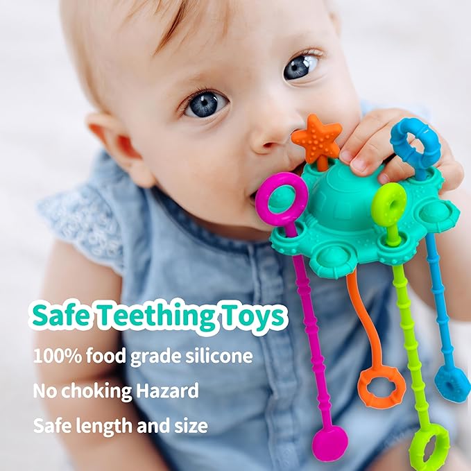 Montesorri-Toys - Montessori Pull String Toy - Made of 100% Food Grade Silicone with Built-in Rattle Function and Easy to Clean Design (Spearmint)